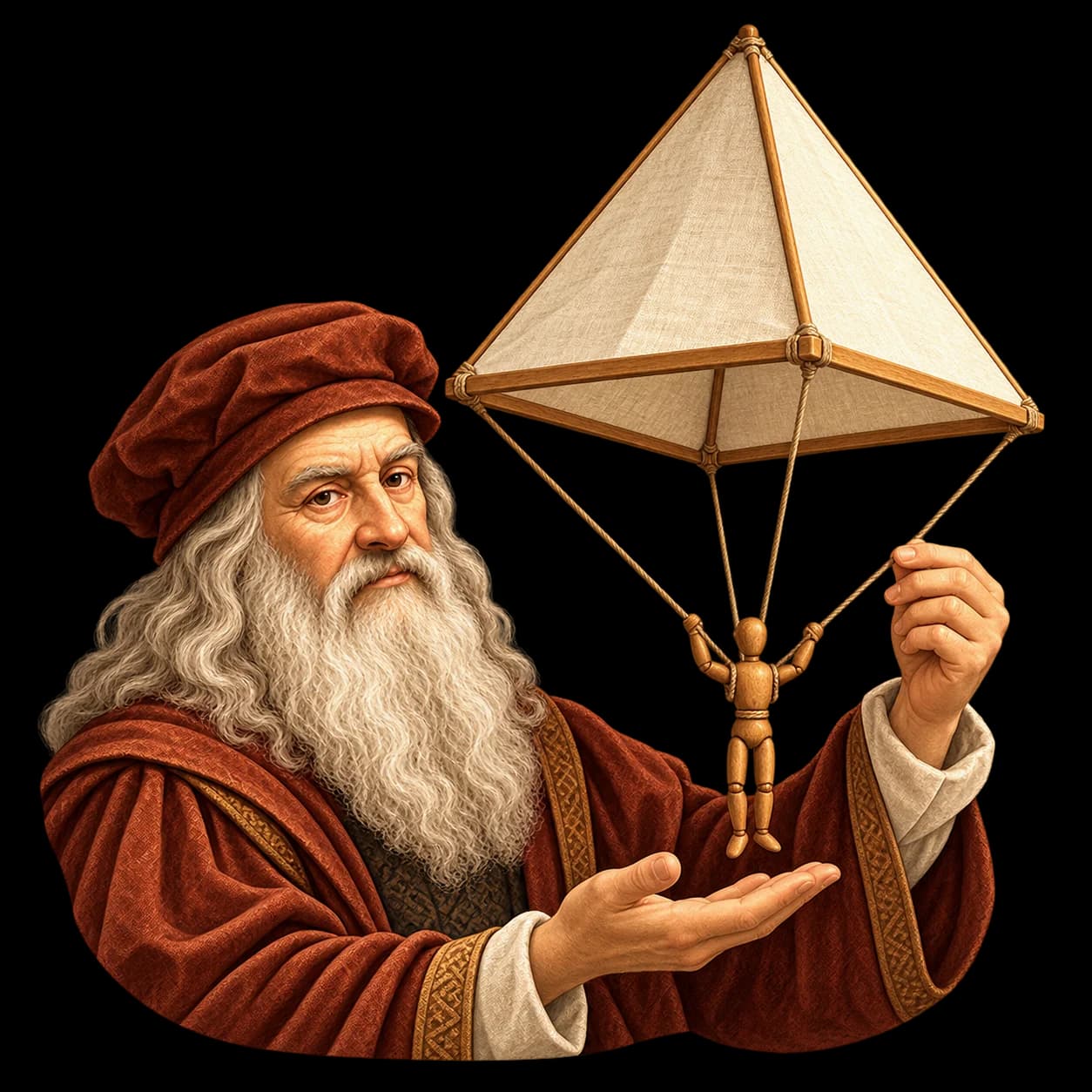 Léonard de Vinci et son parachute — illustration